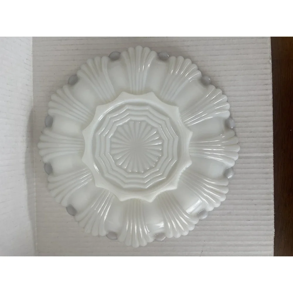Vintage Anchor Hocking Fire-King Milk Glass Deviled Egg Plate Gold Trim 10